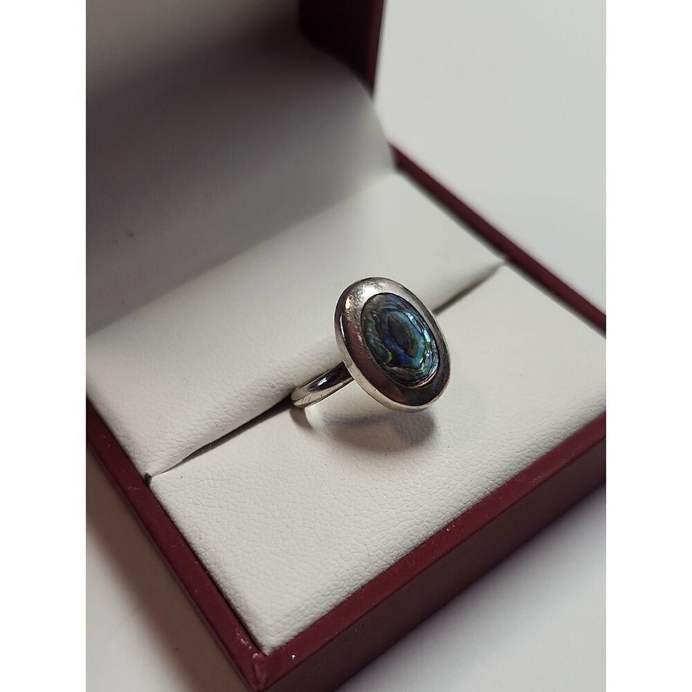 Sterling Silver Abalone Oval Ring - Iridescent Blue-Green 925 Mexico